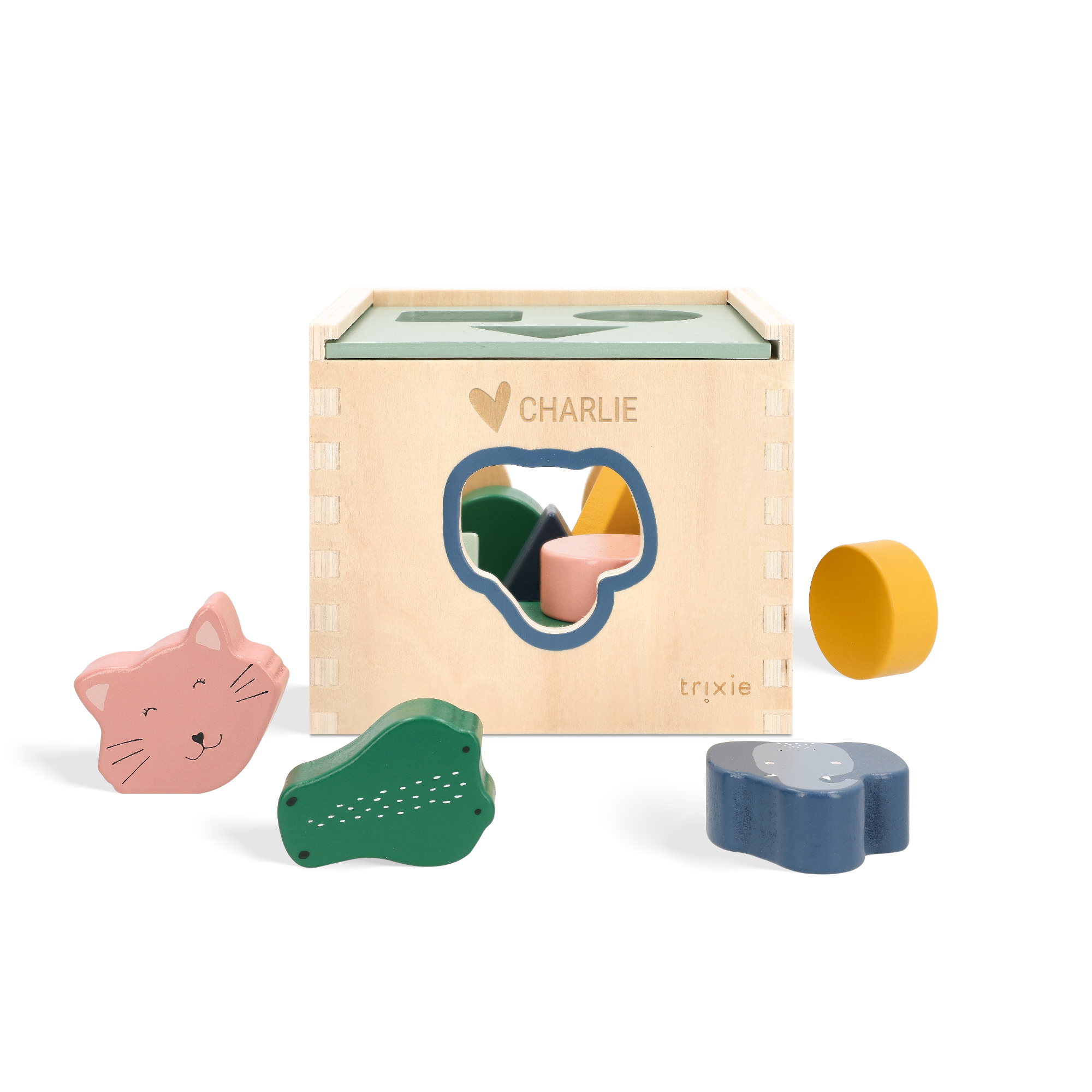 Personalized wooden sorting cube with a name engraved on the side.