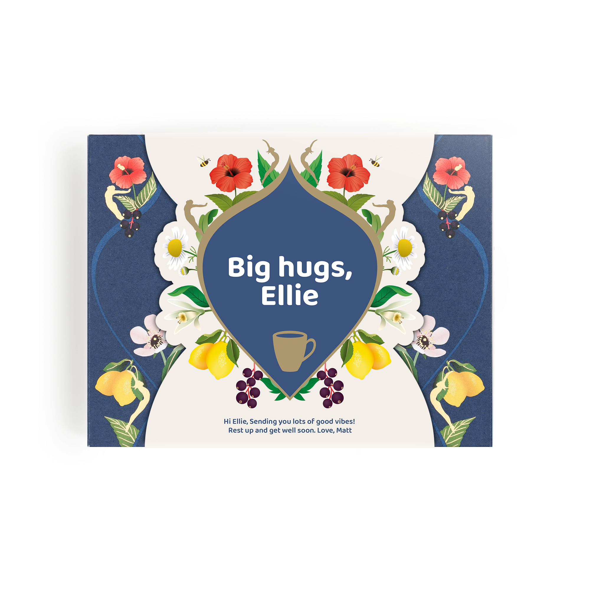 Caixa de chá Pukka personalizada com "Big hugs, Ellie" impressos, ideal para uma xícara de chá quentinha