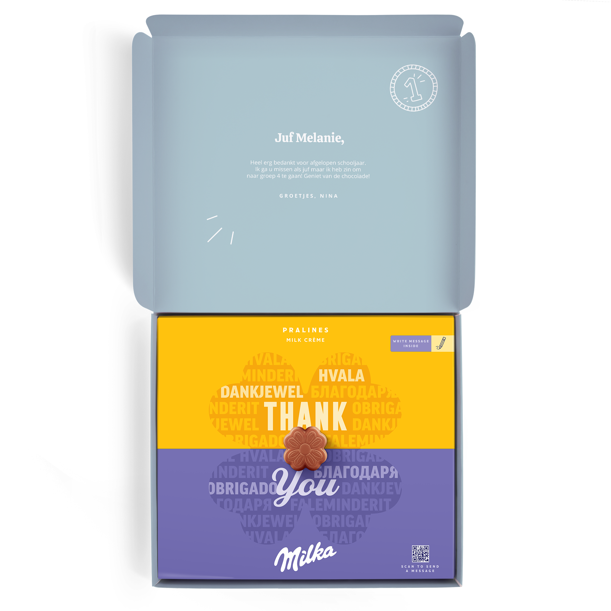 Open Milka Thank You giftbox bedrukt met de naam Juf Melanie en persoonlijke tekst, omringd door paarse pralines.