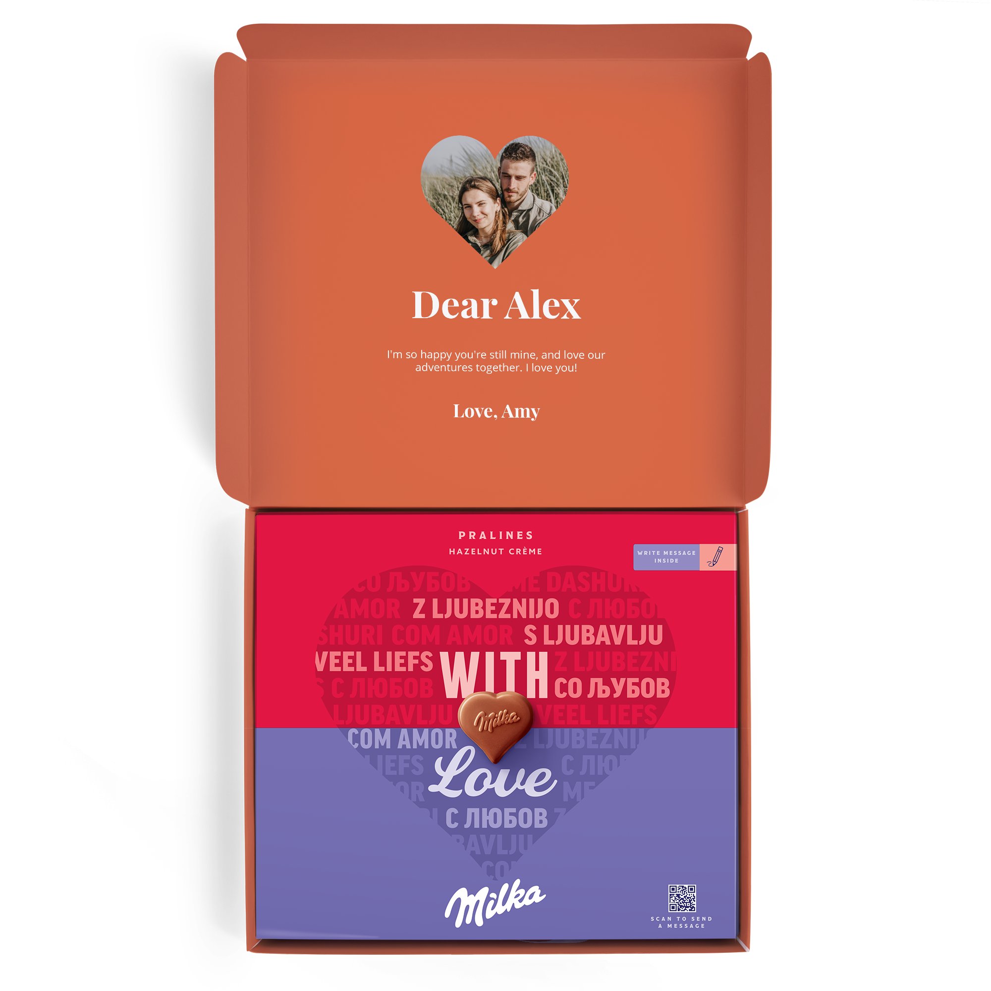 Caixa de presente Milka personalizada com foto impressa e mensagem para surpreender alguém especial