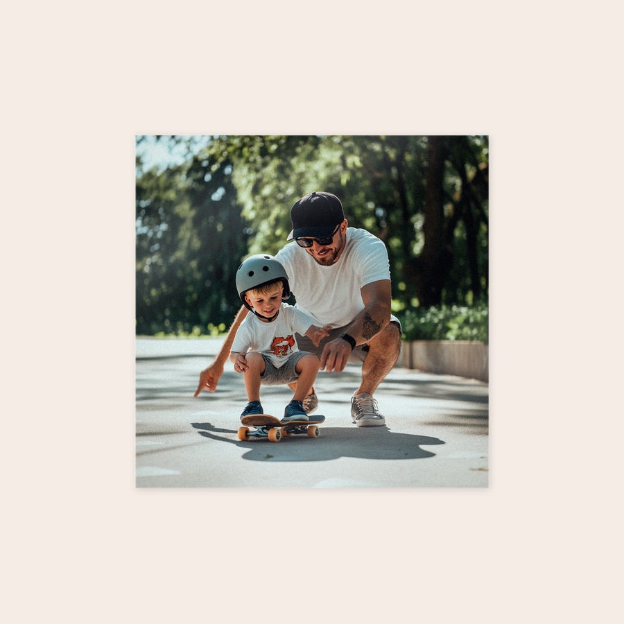 Photo on forex A photo on forex showing a man teaching a child to skateboard, a personalized gift.