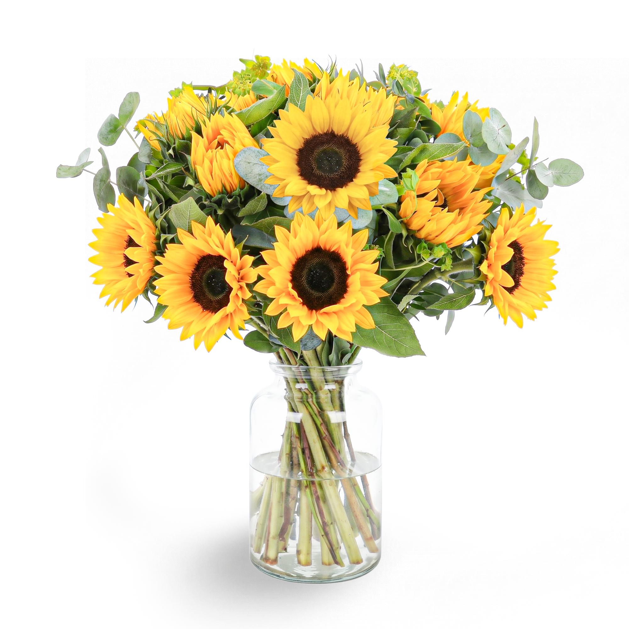 Bloemen Zomerboeket Groot met zonnebloemen en eucalyptus in vaas, aanpasbaar en als cadeau te geven.