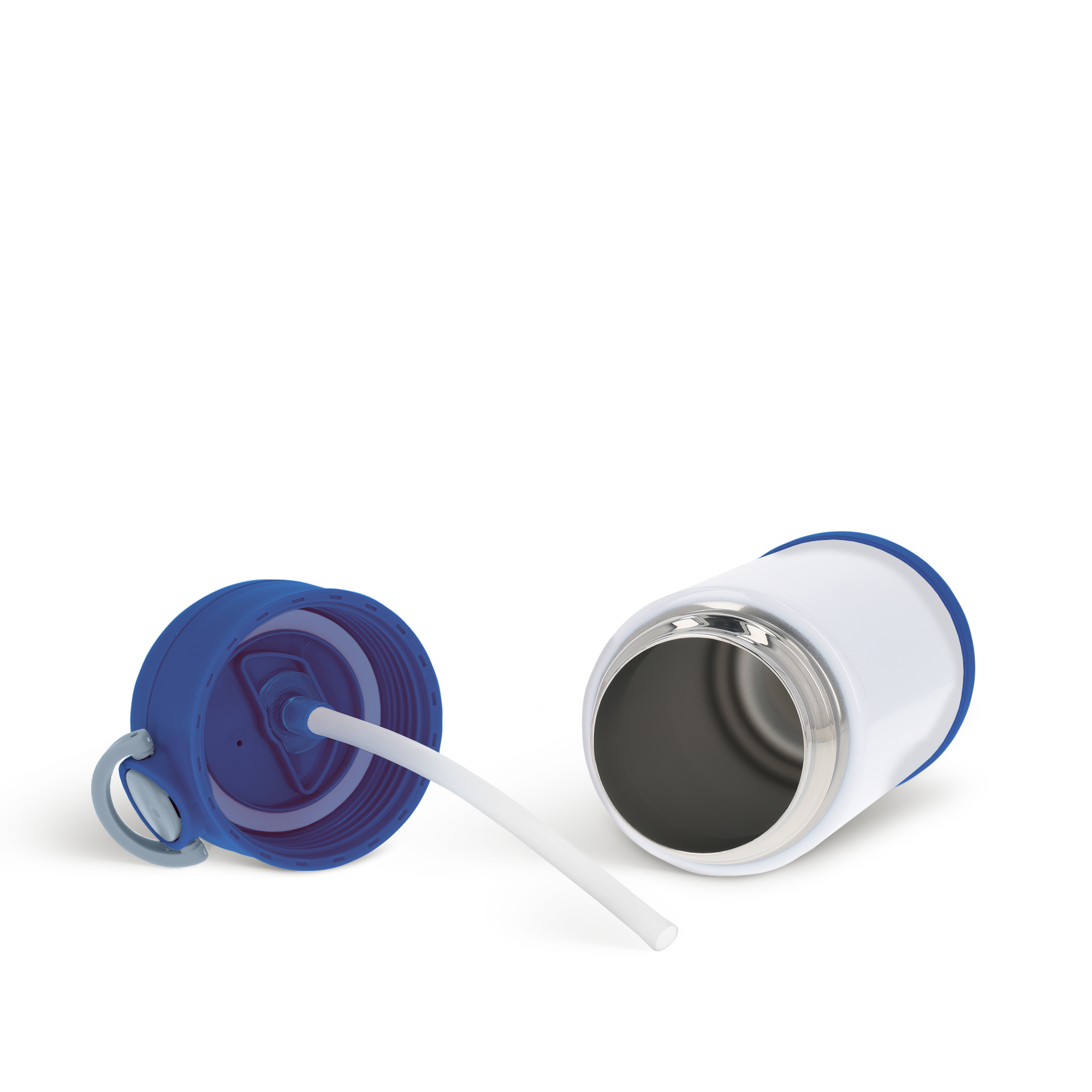 Gourde en acier inoxydable blanche pour enfants, avec paille, capuchon bleu et poignée gris clair, ouverte sur fond blanc pour personnalisation.
