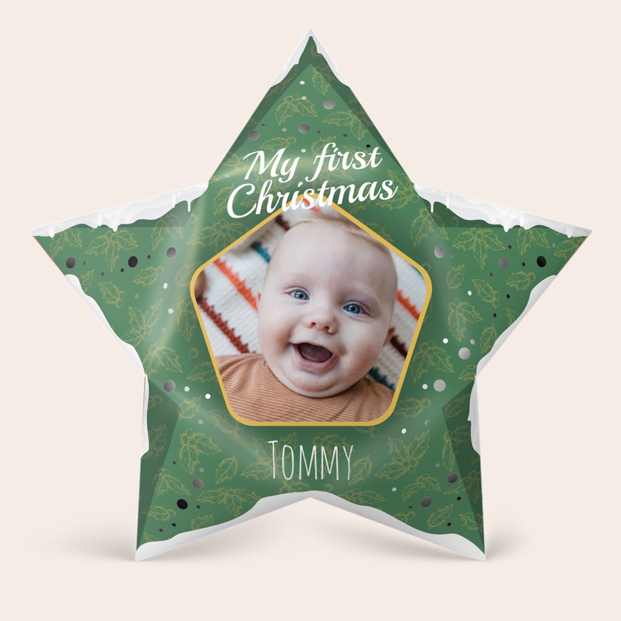 Estrella navideña de papel personalizada DIY - 42,5 cm - Incluye luces Estrella de Navidad de papel verde con la frase "My first Christmas" y la foto de un bebé sonriente, personalizada con el nombre Tommy. Ilumina las fiestas con un toque personal.