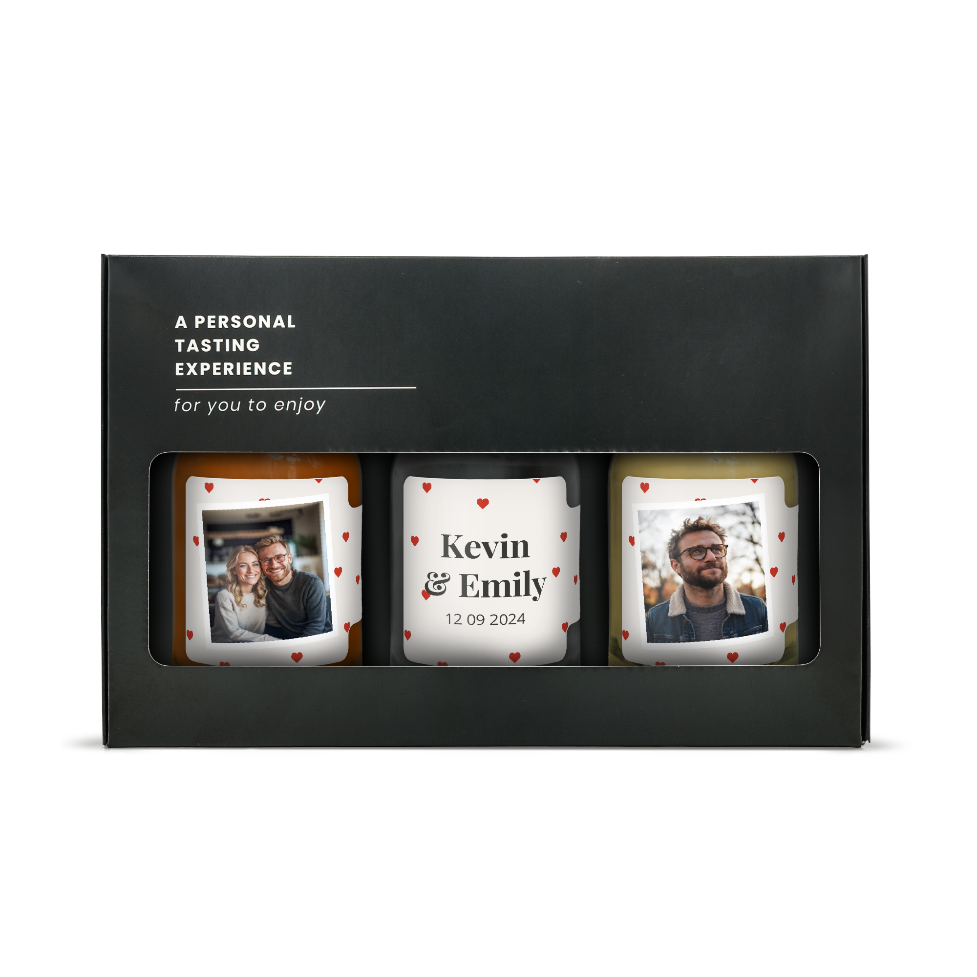 Conjunto personalizado para degustação de bebidas alcoólicas em miniatura, com rótulos impressos com fotos e nomes