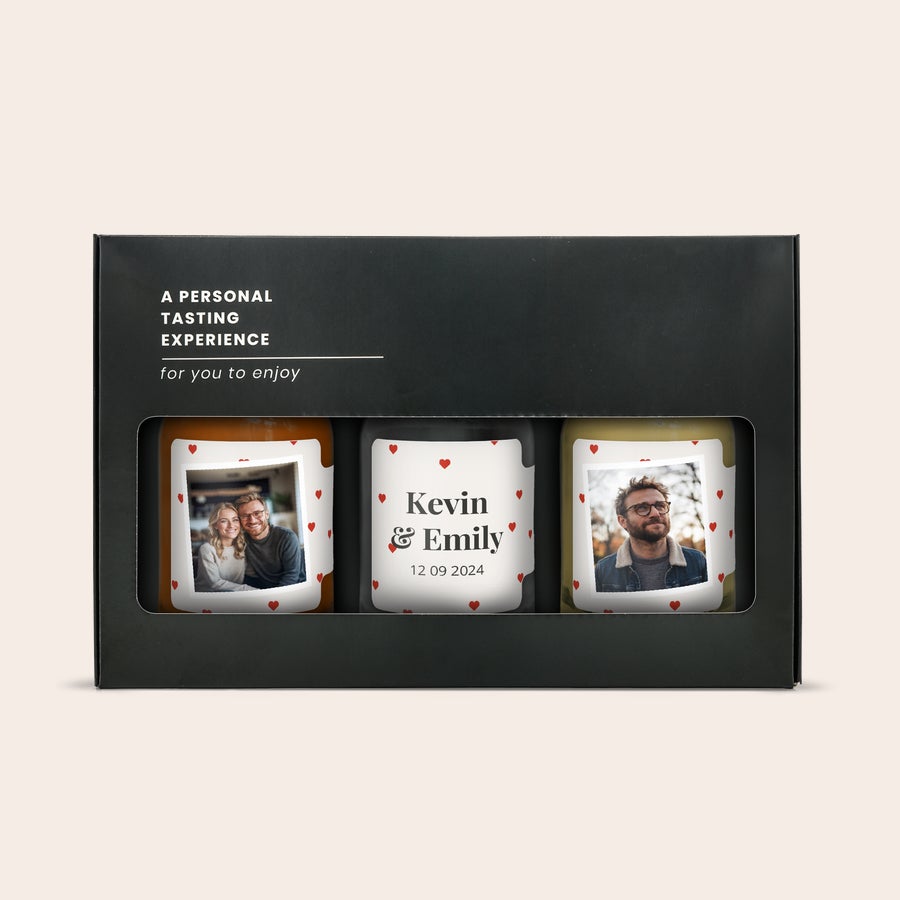 Miniature alcohol tasting - Vodka - Rum -Whisky Personalised Miniature Alcohol Tasting Set with custom photo and text labels displayed in a black gift box