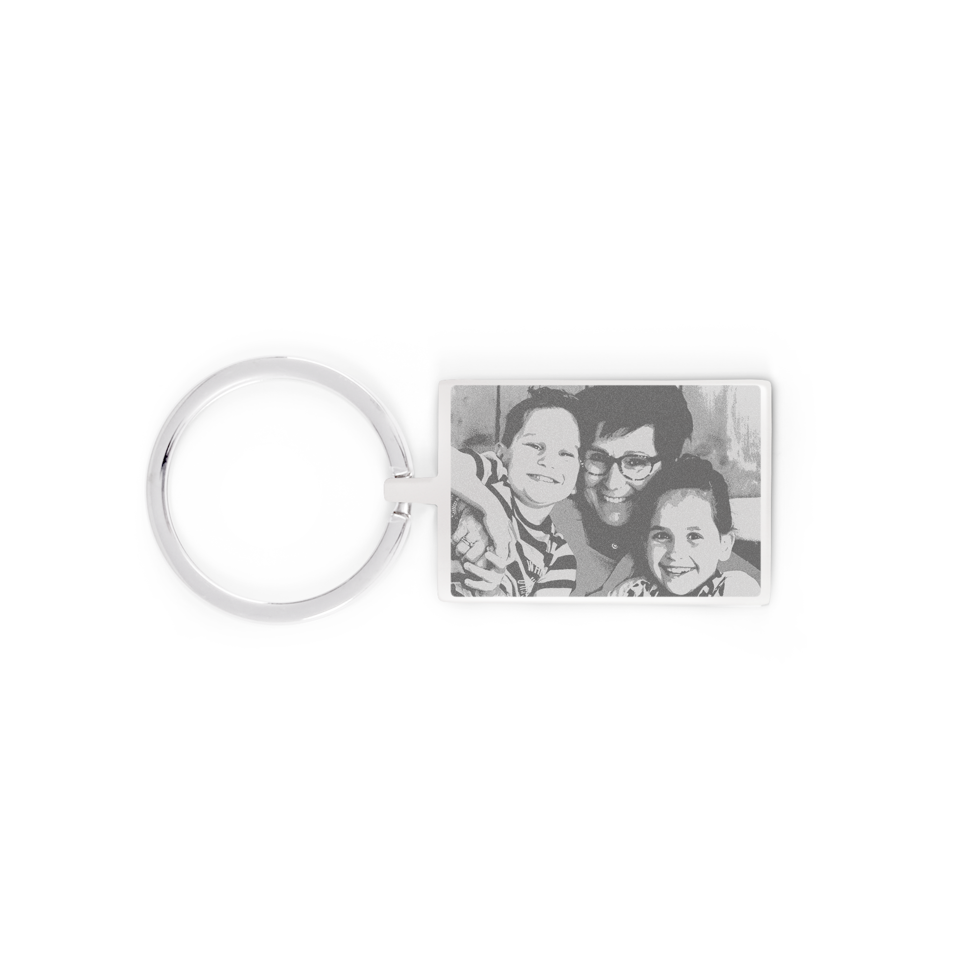 Rectangular metal keyring engraved with a family photo.
