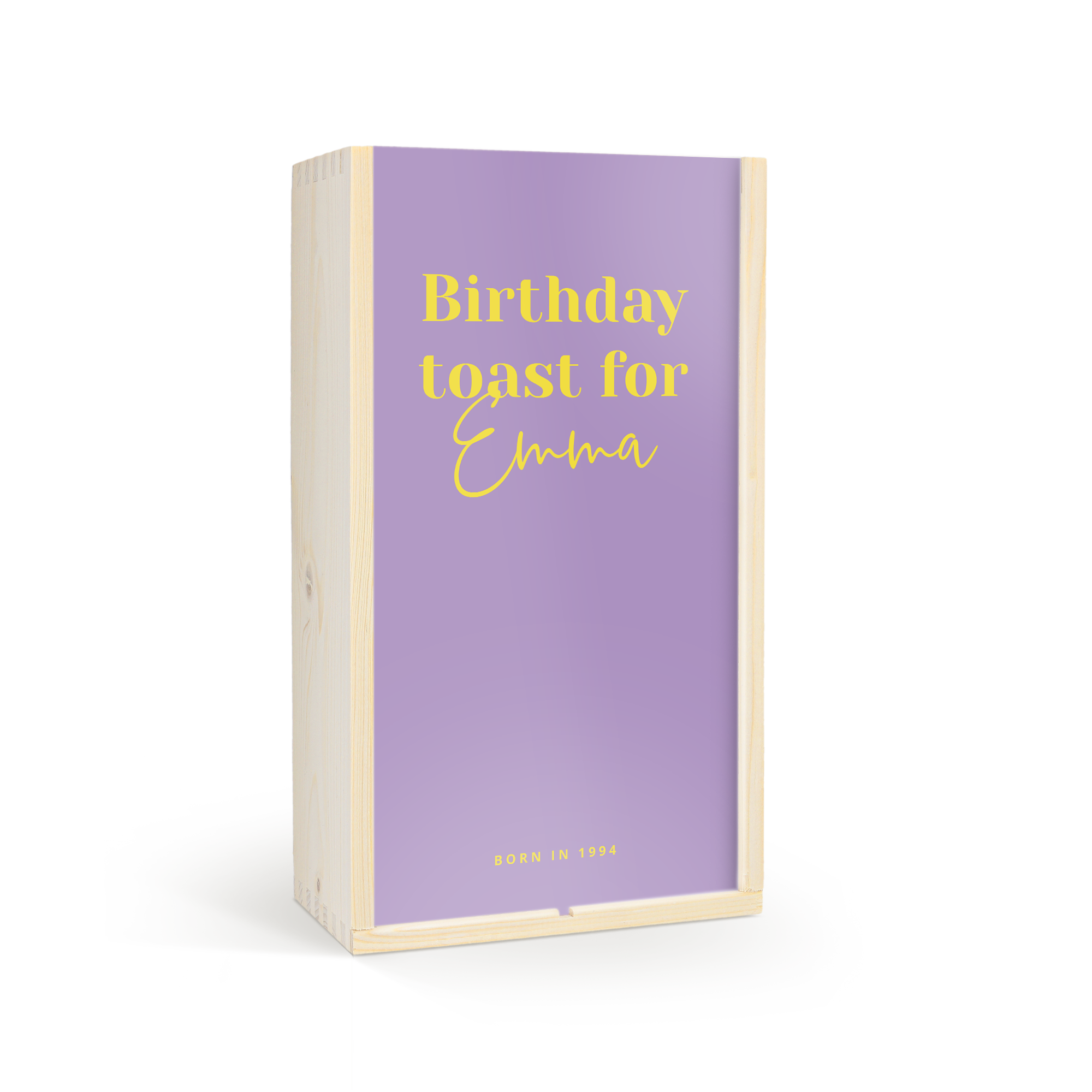 Luxe houten kist met persoonlijke bedrukking voor wijn of bier, tekst Birthday toast for Emma, Born in 1994