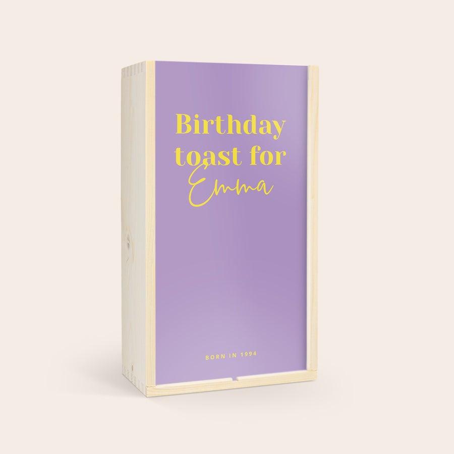 Gepersonaliseerde wijnkist Luxe houten kist met persoonlijke bedrukking voor wijn of bier, tekst Birthday toast for Emma, Born in 1994