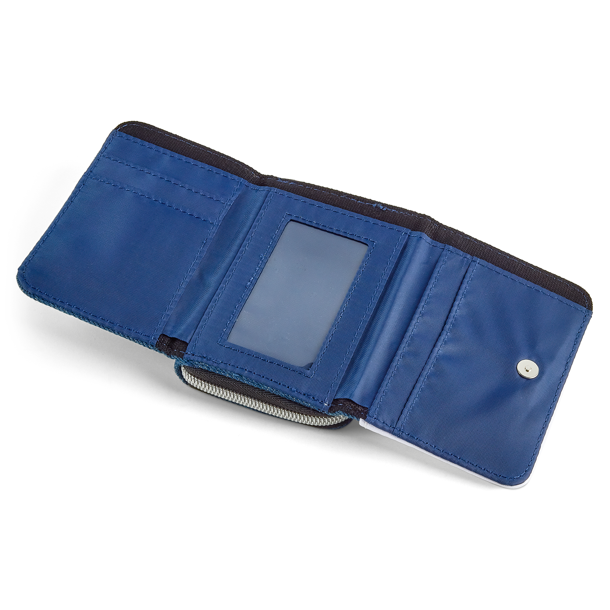 Aufgeklapptes blaues Portemonnaie mit leeren Fächern, Reißverschluss und Druckknopf, personalisierbar mit Foto und Text