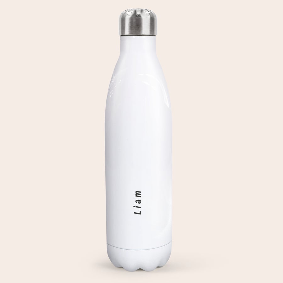 Botella de agua con foto Botella de agua térmica blanca con el nombre Liam impreso verticalmente en negro, tu compañero de aventuras personalizado.
