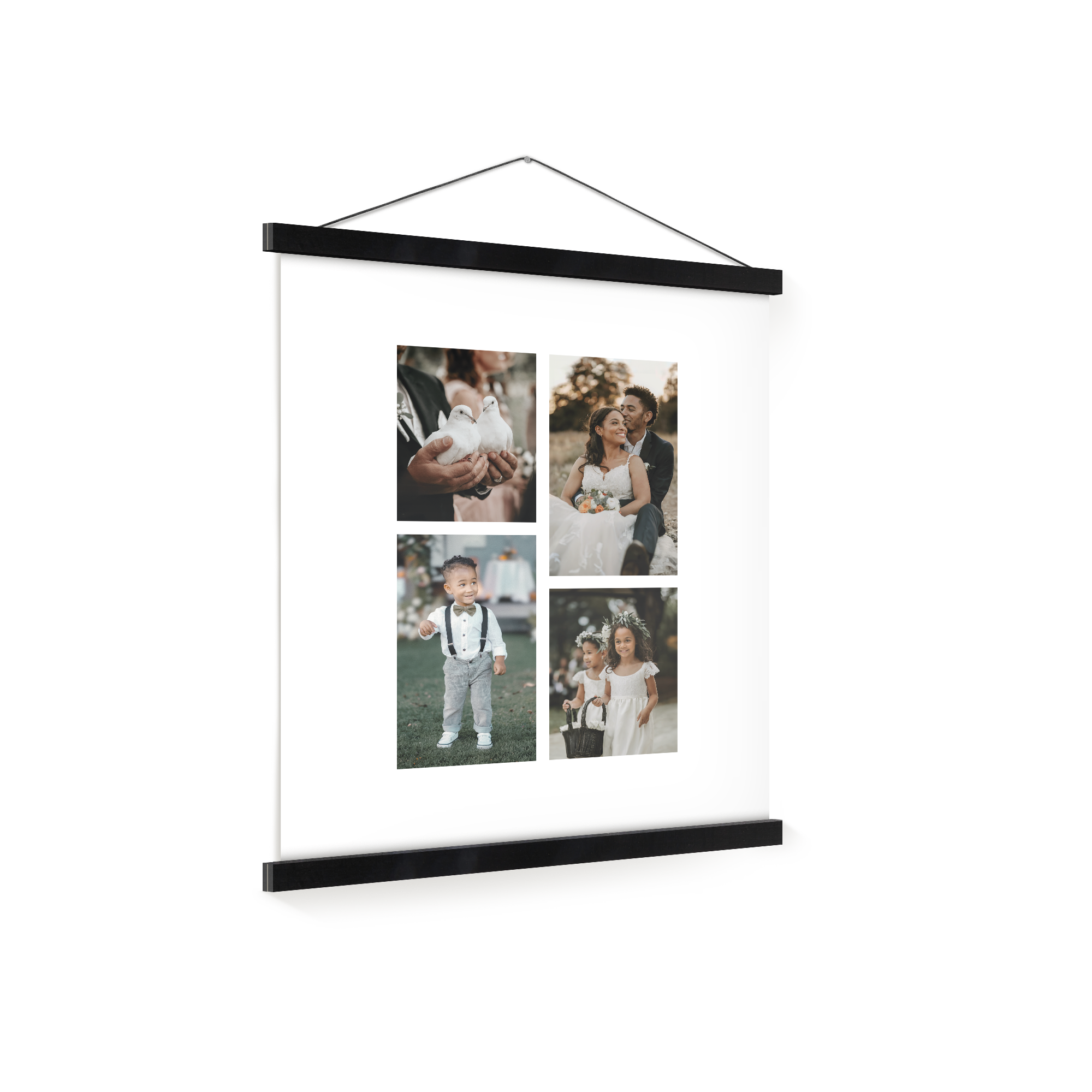 Póster personalizado com quatro fotos impressas, suspenso por suporte de madeira, para imortalizar os seus momentos preferidos