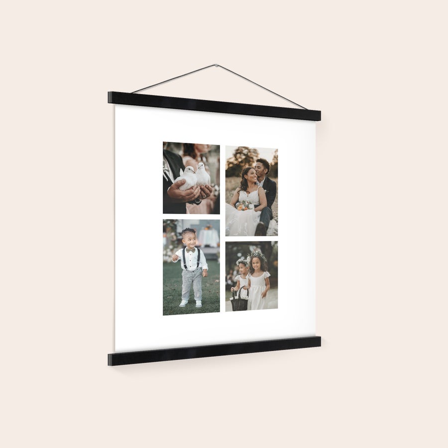 Póster personalizado com suporte Póster personalizado com quatro fotos impressas, suspenso por suporte de madeira, para imortalizar os seus momentos preferidos