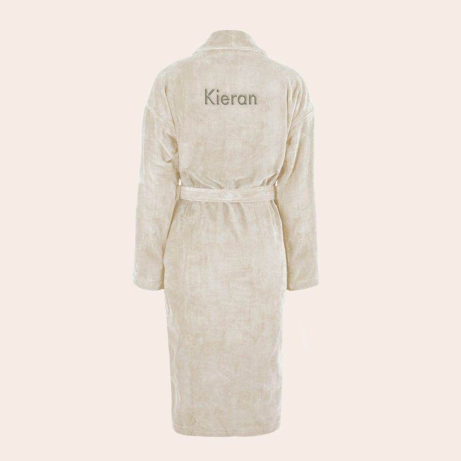 Albornoz - Hombre Albornoz color beige para hombre, con el nombre Kieran bordado en la espalda.