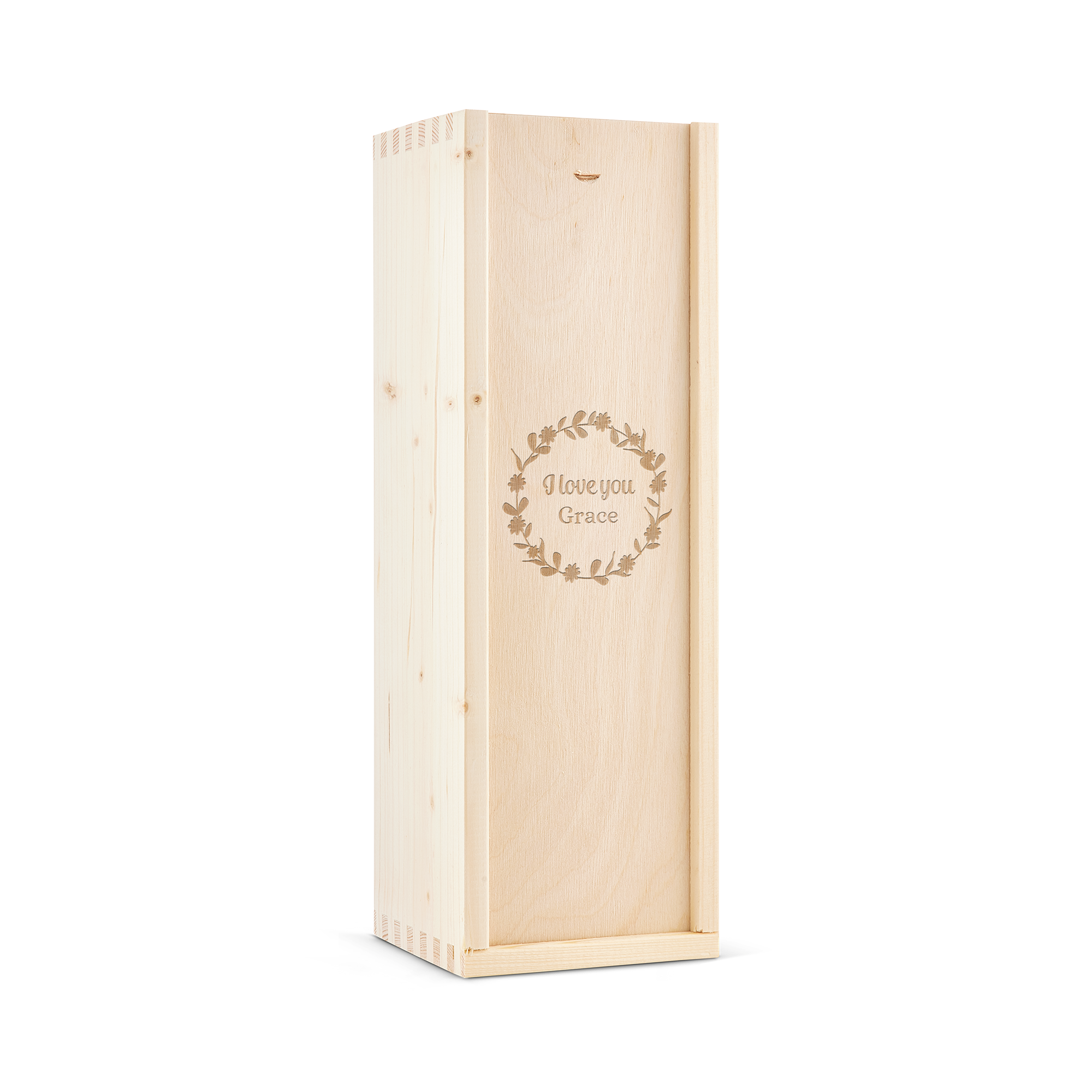 Trææske med indgraveret tekst I love you Grace, omkranset af en krans, til Limoncello Villa Massa