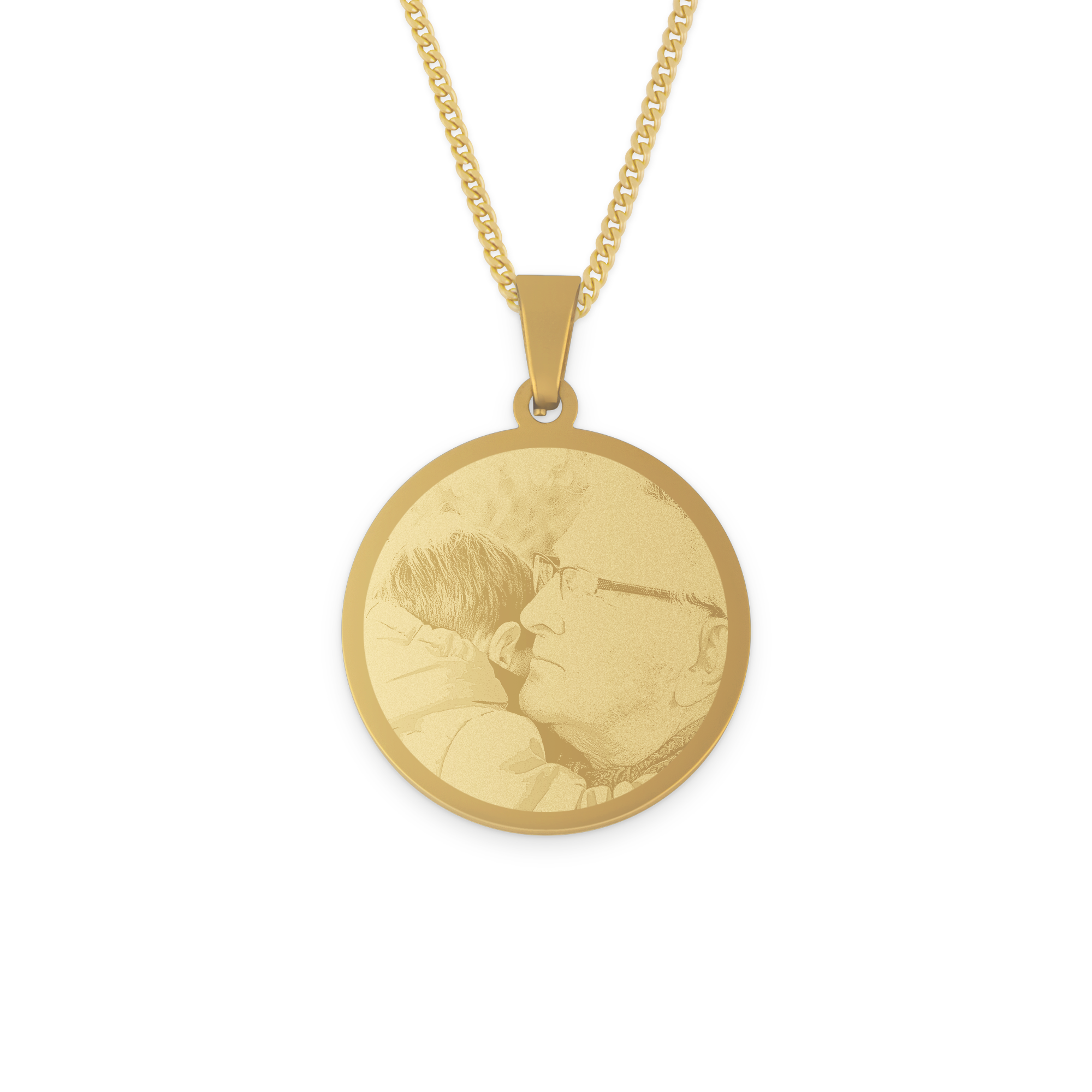 Gold circular pendant engraved with a photo of a child and an adult, creating a beautiful double pendant.