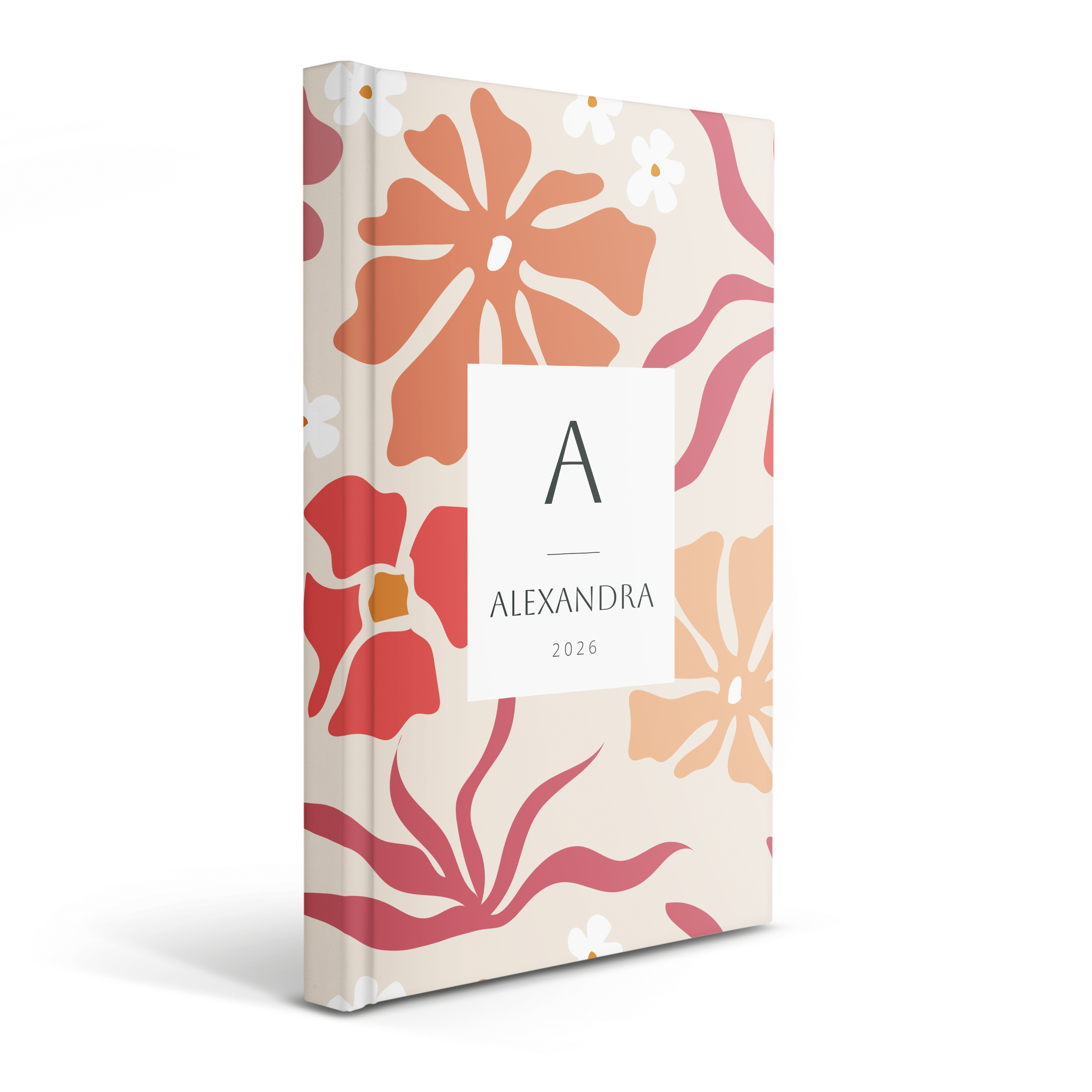Selbst gestalteter Terminplaner mit Blumenmuster, personalisiert mit dem Namen Alexandra und 2026, bedruckt.