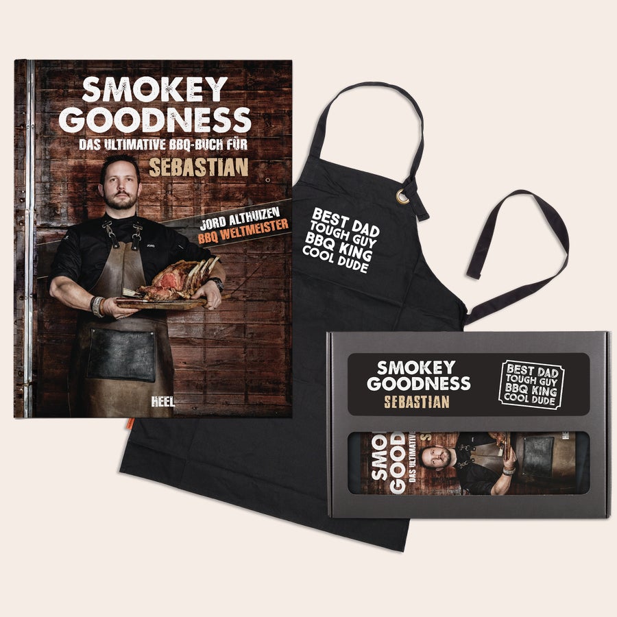 Smokey Goodness BBQ-Buch Personalisiertes Smokey Goodness Geschenkset mit Grillbuch für Sebastian und schwarzer Schürze mit "Best Dad" Text, um Papa zum echten Grillmeister zu machen.
