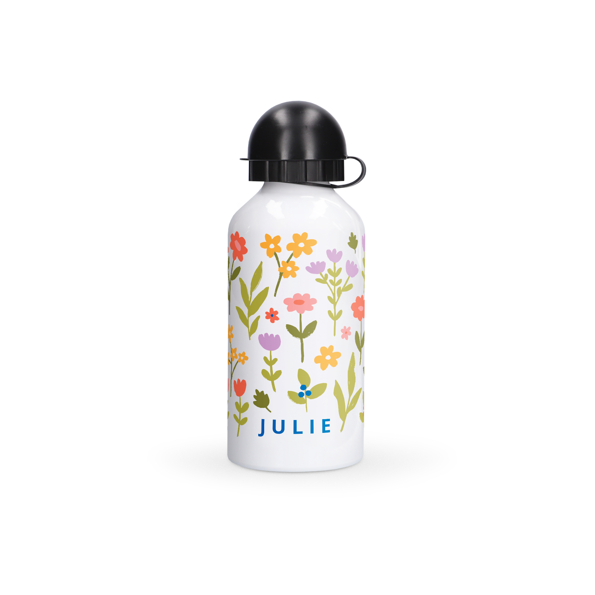 Gourde personnalisée blanche avec prénom Julie et des fleurs colorées imprimés
