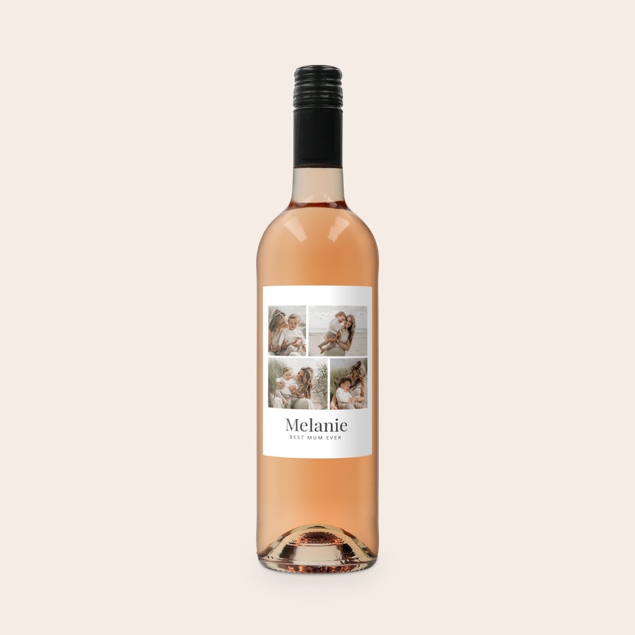 Personalizowane wino Belvy Rose Butelka różowego wina z etykietą ze zdjęciem. Nadruk z czterema zdjęciami i tekstem Melanie Best Mum Ever.