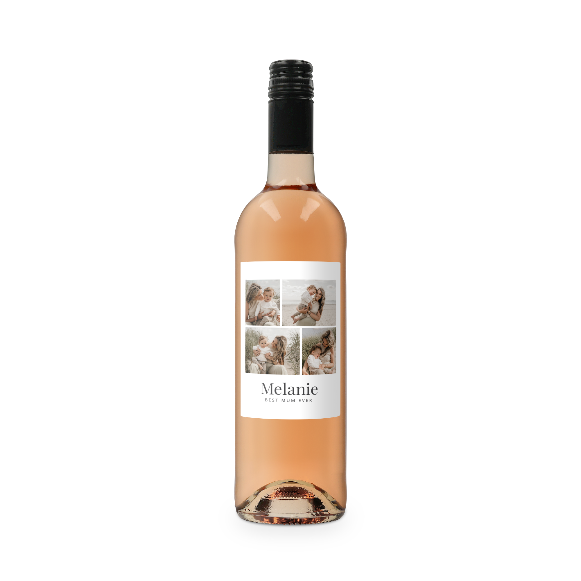 Botella de vino rosado Belvy con etiqueta personalizada, impresa con 4 fotos de una madre y su bebé, el nombre Melanie y el texto Best Mum Ever