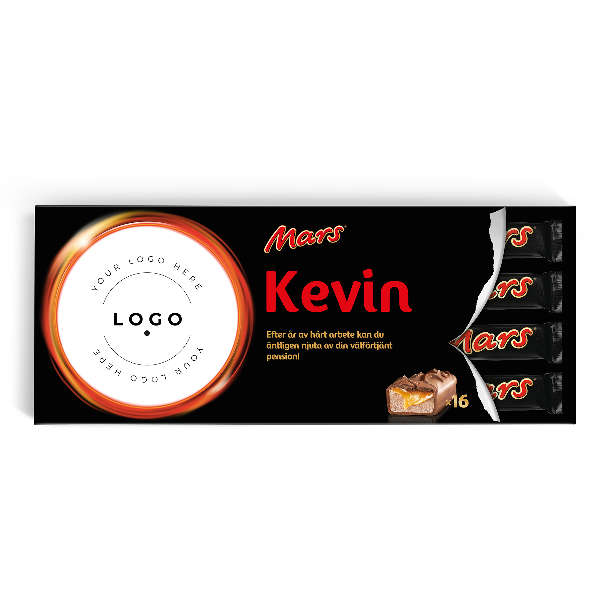 Denna personliga XXL Mars chokladkaka med 16 Mars-bitar har ett anpassningsbart omslag med fototryck och namnet Kevin.