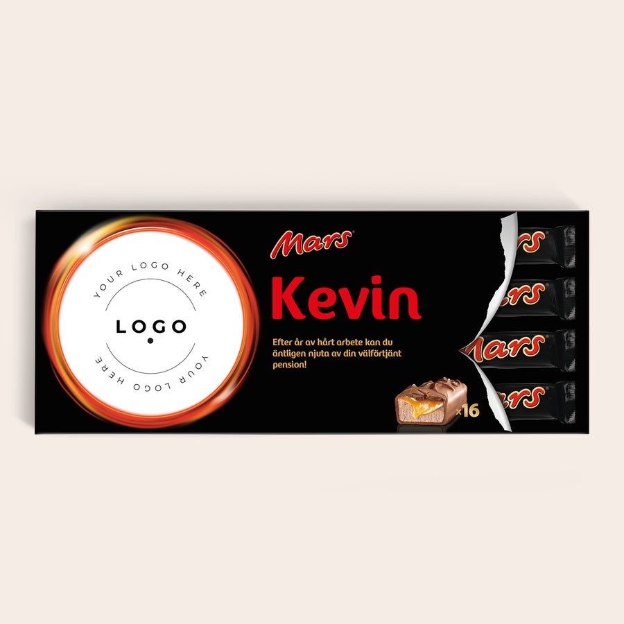 XXL Mars bar Denna personliga XXL Mars chokladkaka med 16 Mars-bitar har ett anpassningsbart omslag med fototryck och namnet Kevin.