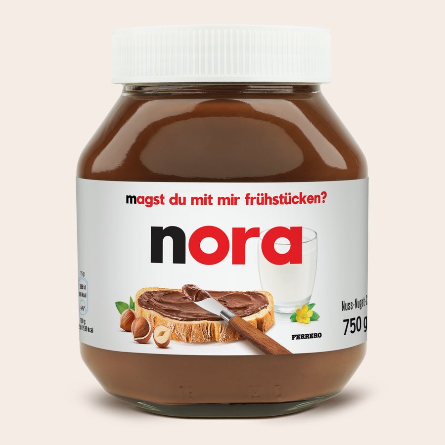 Personalisiertes nutella®-Glas Personalisiertes nutella® Glas, bedruckt mit dem Namen Nora und der Frage "magst du mit mir frühstücken?".