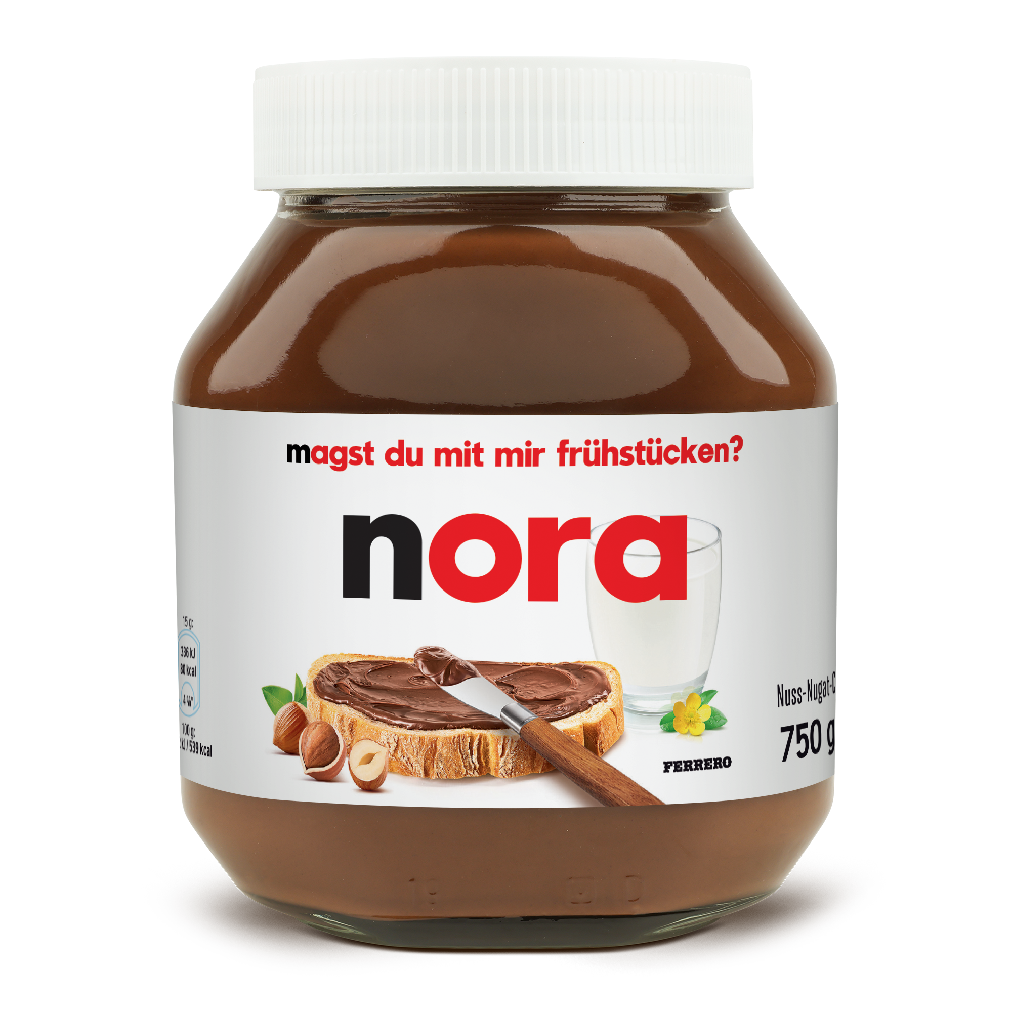 Personalisiertes nutella® Glas, bedruckt mit dem Namen Nora und der Frage 