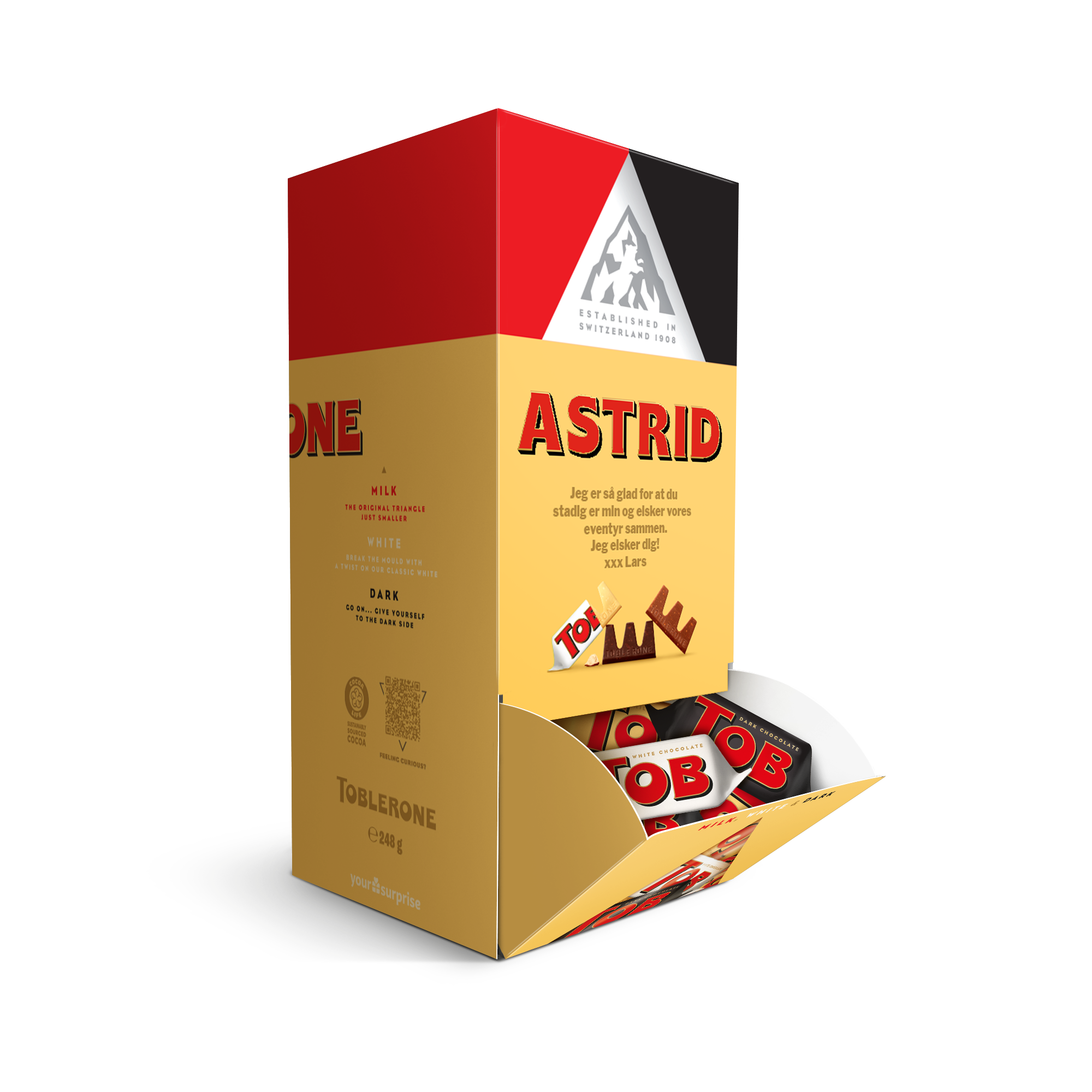 Personlig Toblerone-chokoladedispenser med navn "Astrid" og teksten "Jeg elsker dig! xxx Lars" i fuldfarvetryk