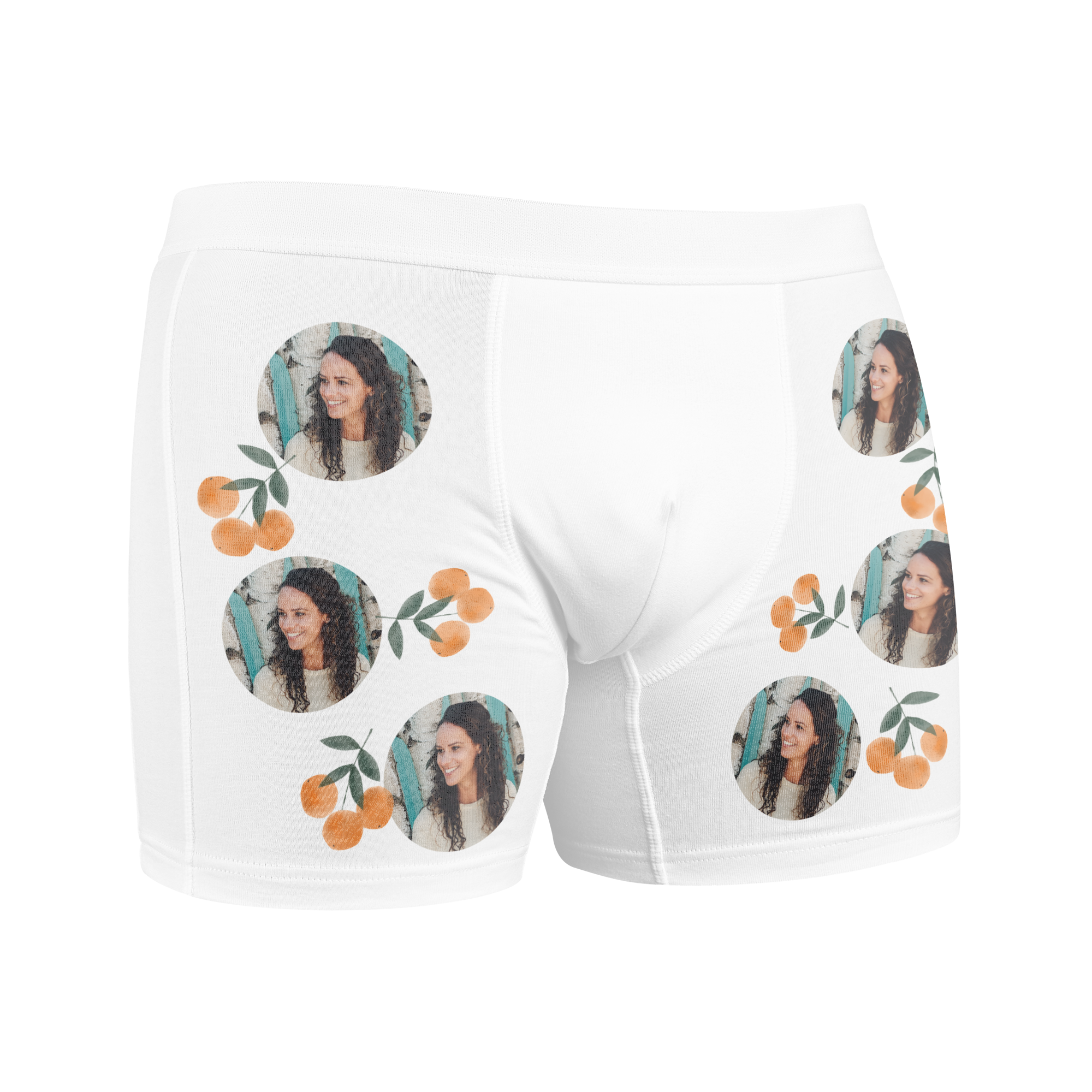 Boxer personalizzabile stampato con una foto ripetuta di una donna sorridente e ciliegie, su sfondo bianco.