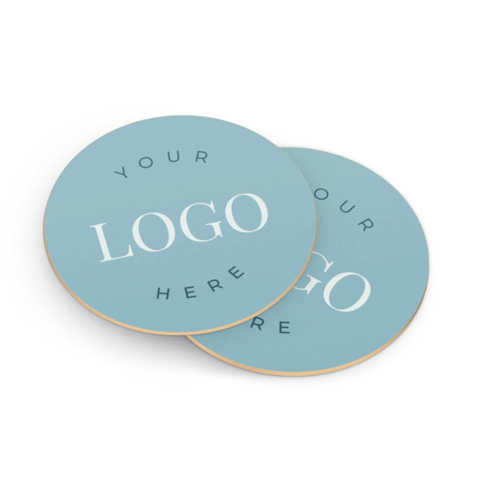 Personalizované podpivníky s vašim dizajnom, modré s textom Your Logo Here, potlačené na mieru.