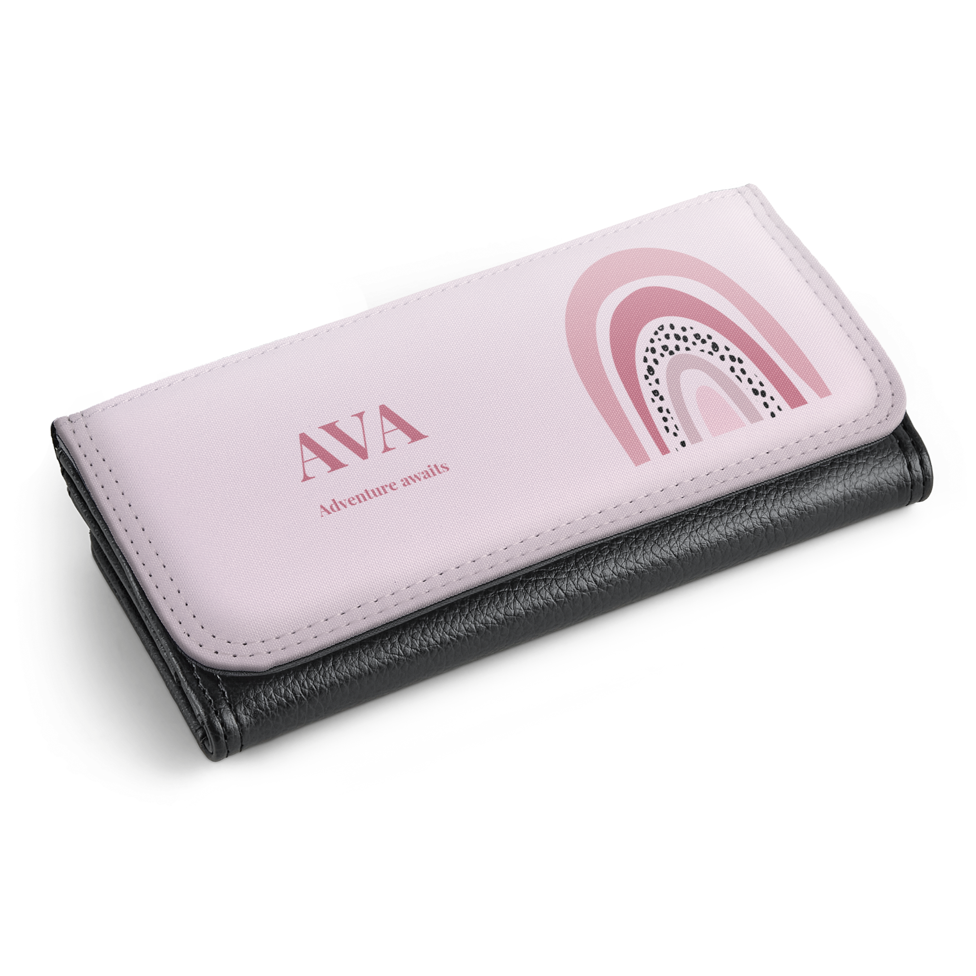 Bolsa grande em rosa claro e preto personalizada com o nome Ava e um arco-íris estampado
