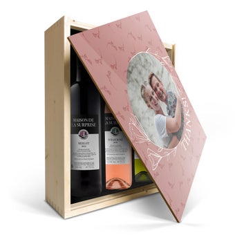 Set de botellas de vino Luc Pirlet en caja impresa - Merlot, Sauvignon Blanc & Syrah