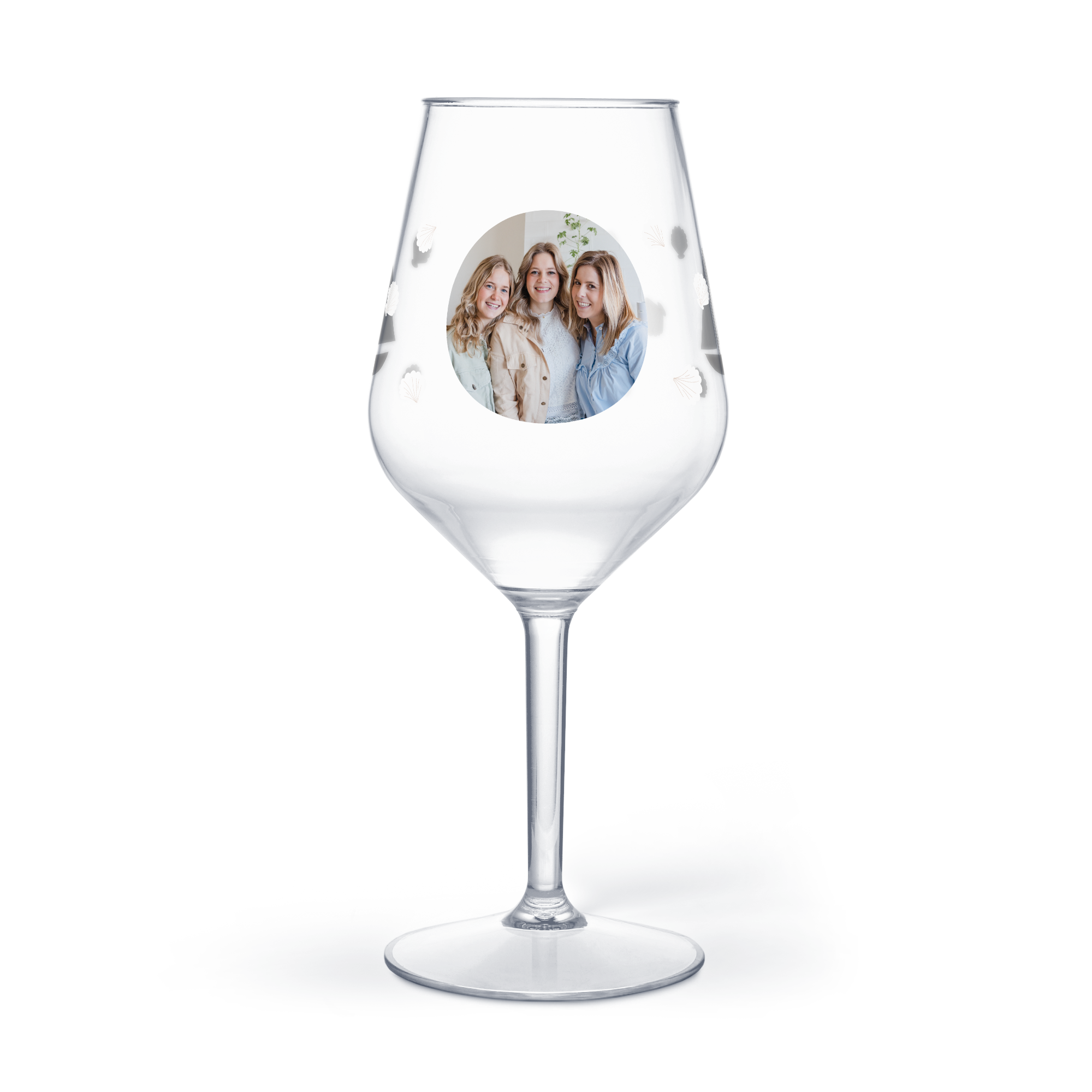 Personalisiertes Weinglas aus Kunststoff mit einem Foto von drei lächelnden Frauen, ideal für Überrasche den Weinliebhaber.