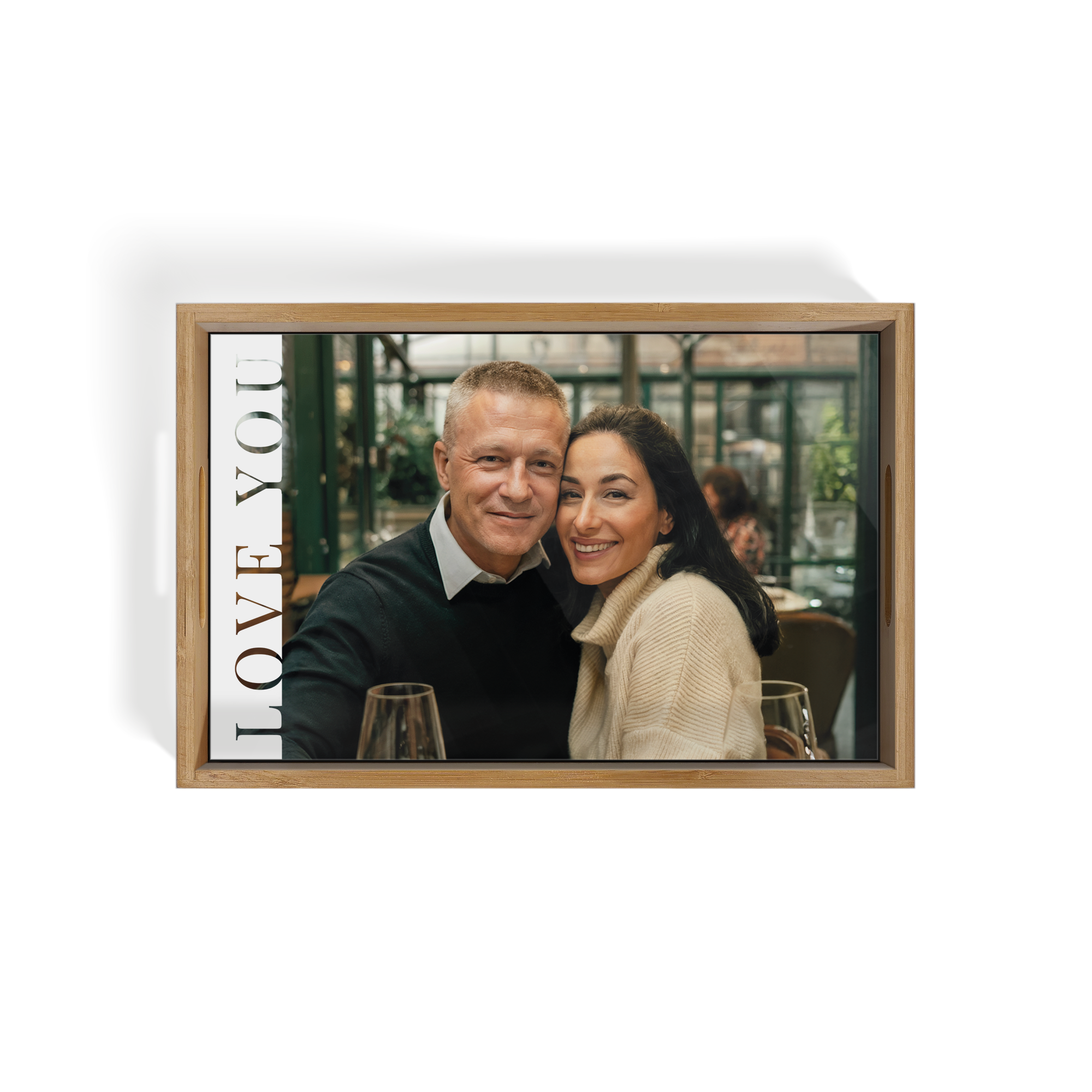 Vassoio portafoto personalizzato - Rettangolo - Beige - 23,5 x 37 cm stampato con foto di coppia e testo Love You