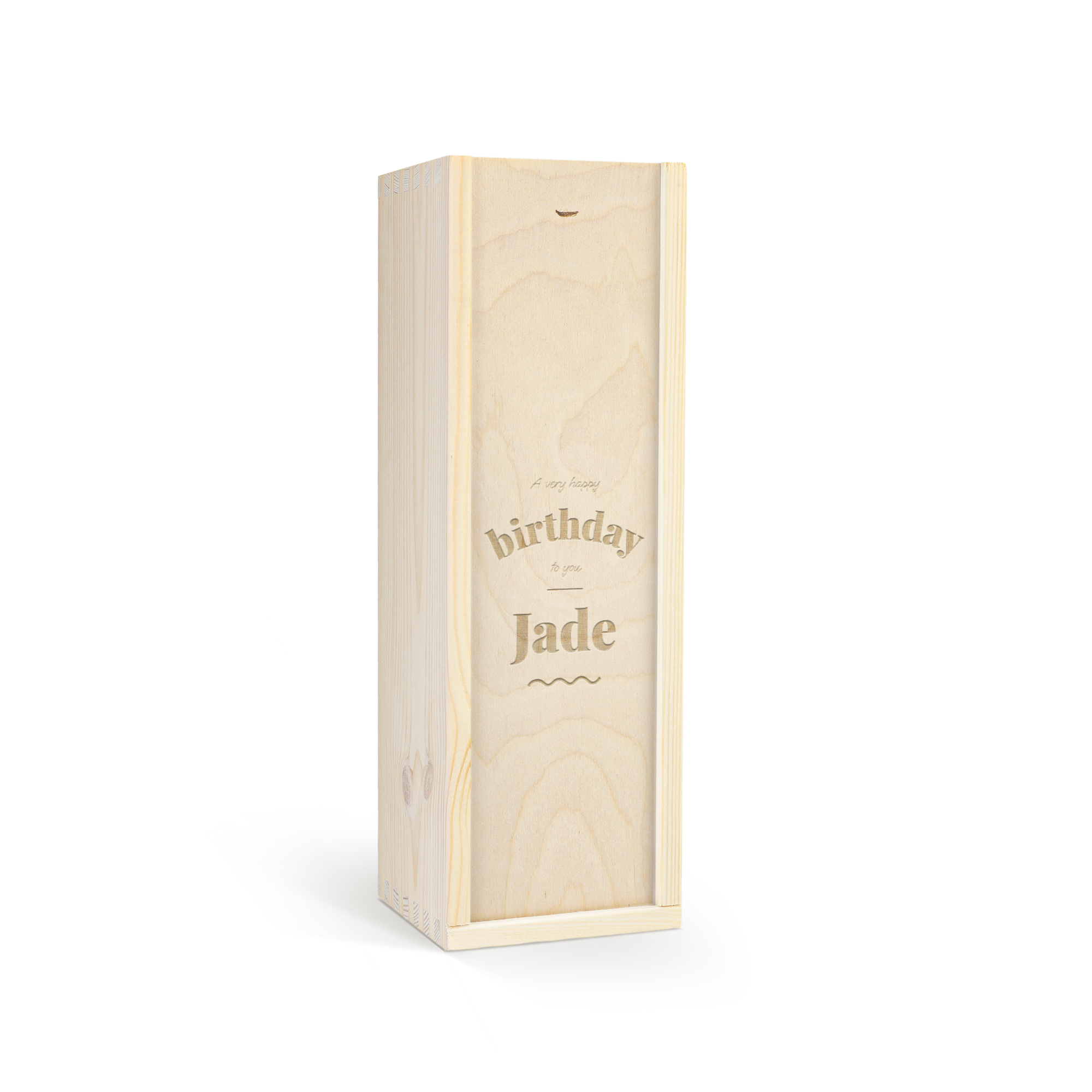 Gravírovaná dřevěná krabice s nápisem A very happy birthday to you Jade pro whisky The Famous Grouse.