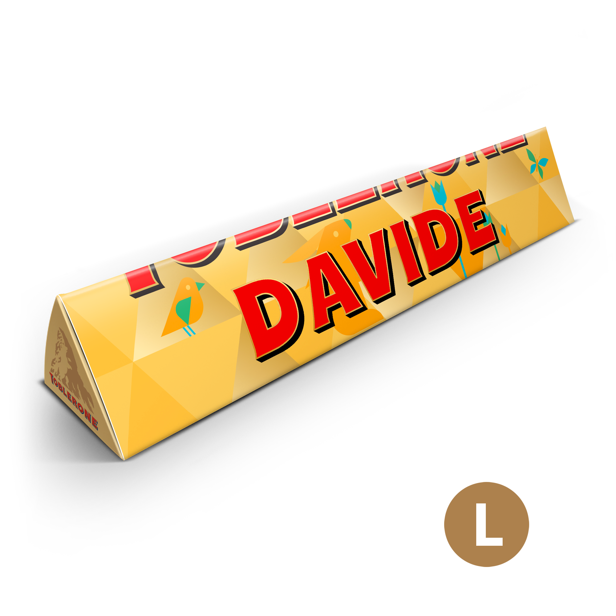 Un delizioso Toblerone personalizzato con design pasquale, stampato con il nome Davide