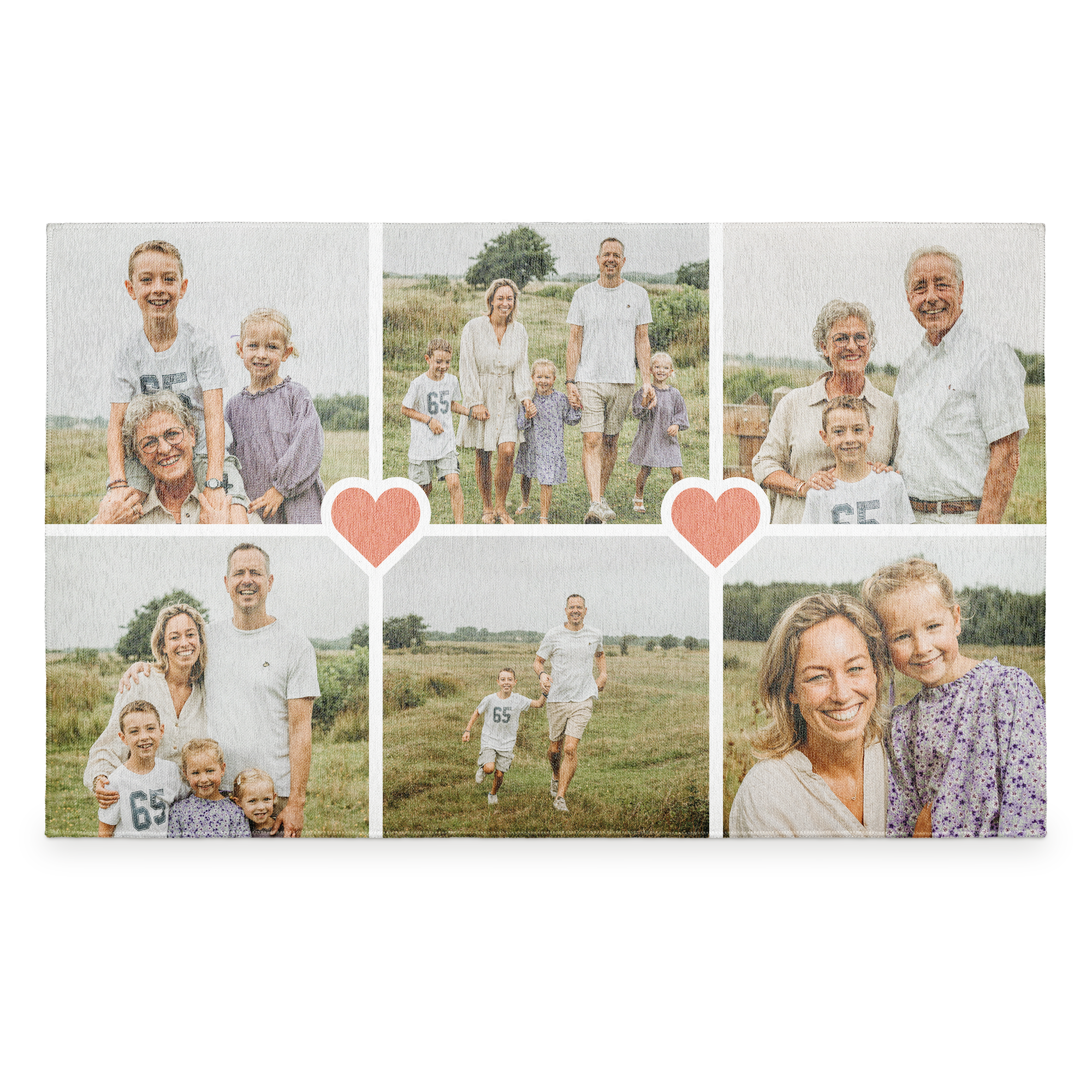 Gepersonaliseerd vloerkleed bedrukt met meerdere familiefoto's in een collage met hartjes, maak van hun favoriete herinnering een mooie decoratie