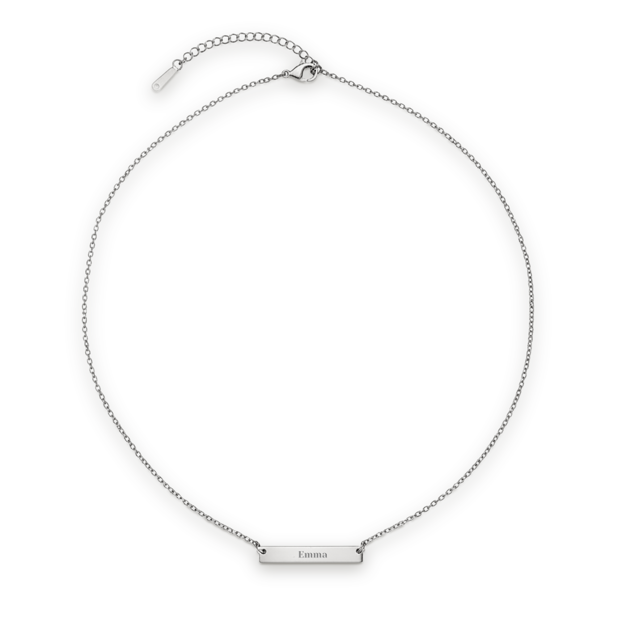 Personalised necklace with name - Silver. Silver chain and horizontal bar with "Emma" engraved.