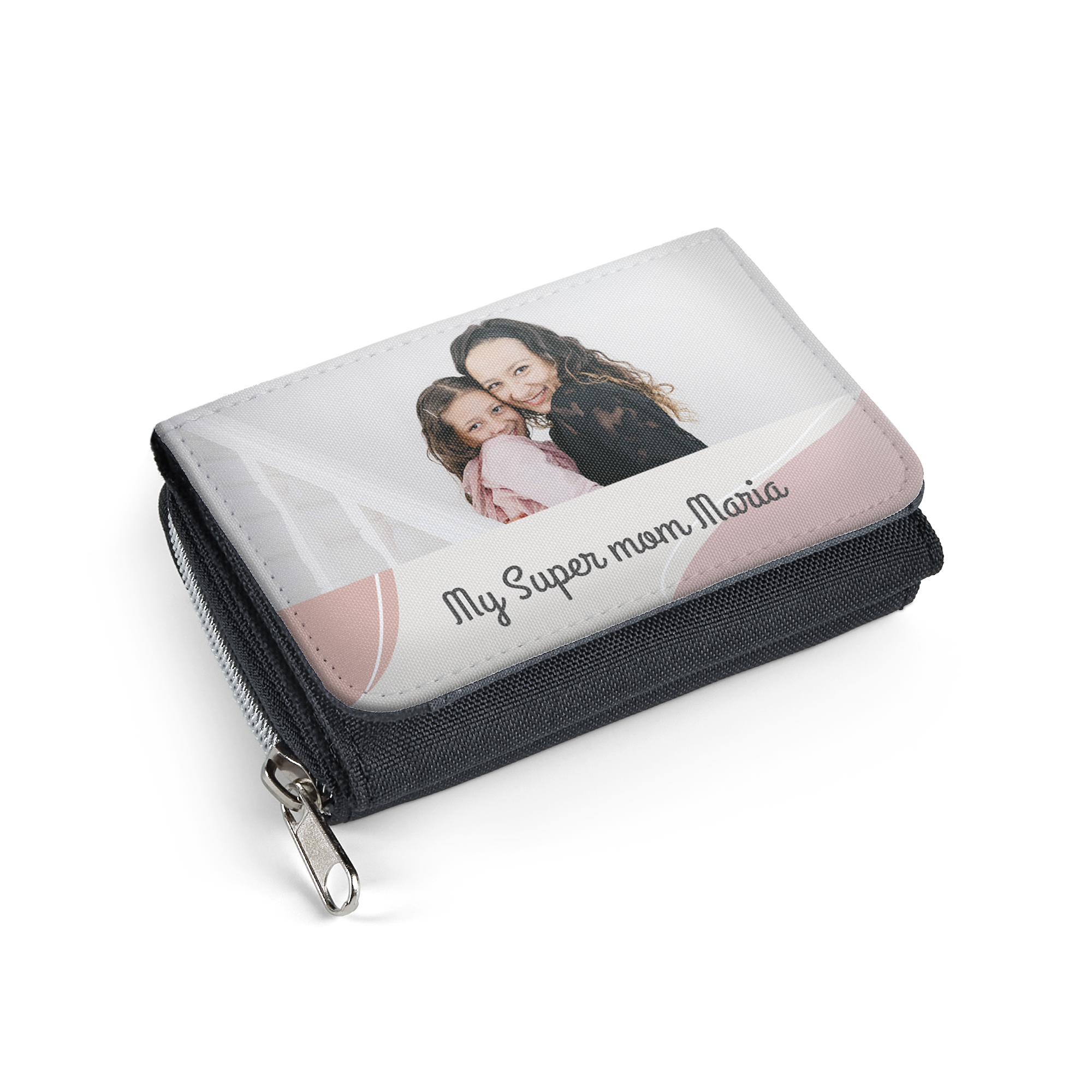 Pequena bolsa preta e branca personalizada com foto impressa de mãe e filha e texto My Super Mom Maria