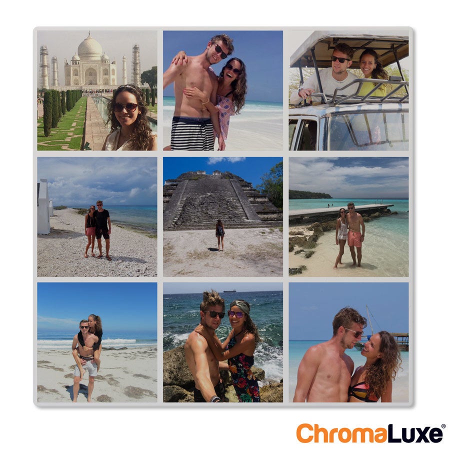 Collage de fotos de Instagram de aluminio con nueve fotos personalizadas de viajes y vacaciones.