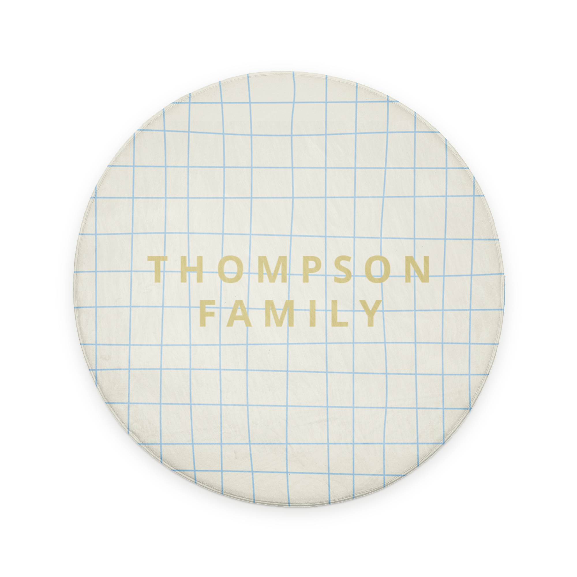 Alfombra de baño personalizada redonda con estampado de cuadros azules y el texto "THOMPSON FAMILY".