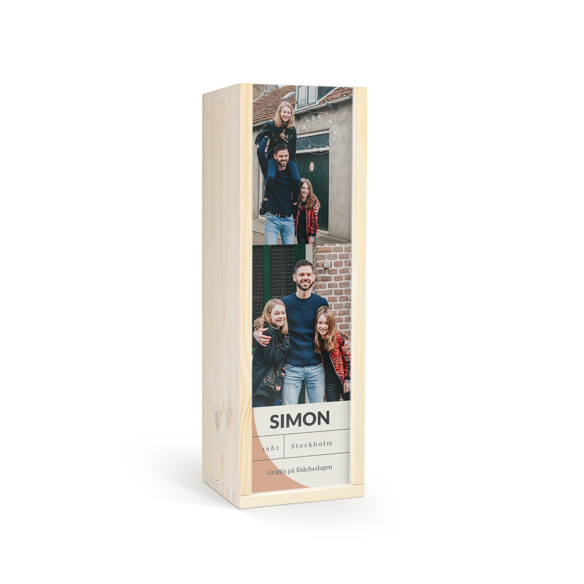 En härlig flaska Famous Grouse Whisky i en trälåda med anpassat lock, tryckt med ett personligt foto och texten Simon Grattis på födelsedagen