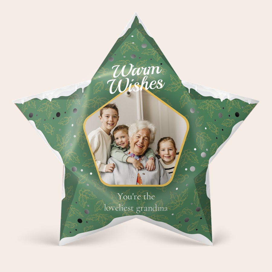 Yksilöllinen DIY-paperi joulutähti - 42,5 cm - Sisältää valot Valaistu joulutähti omalla kuvalla ja tekstillä "Warm Wishes, You're the loveliest grandma", valaise juhlapyhät henkilökohtaisella kosketuksella