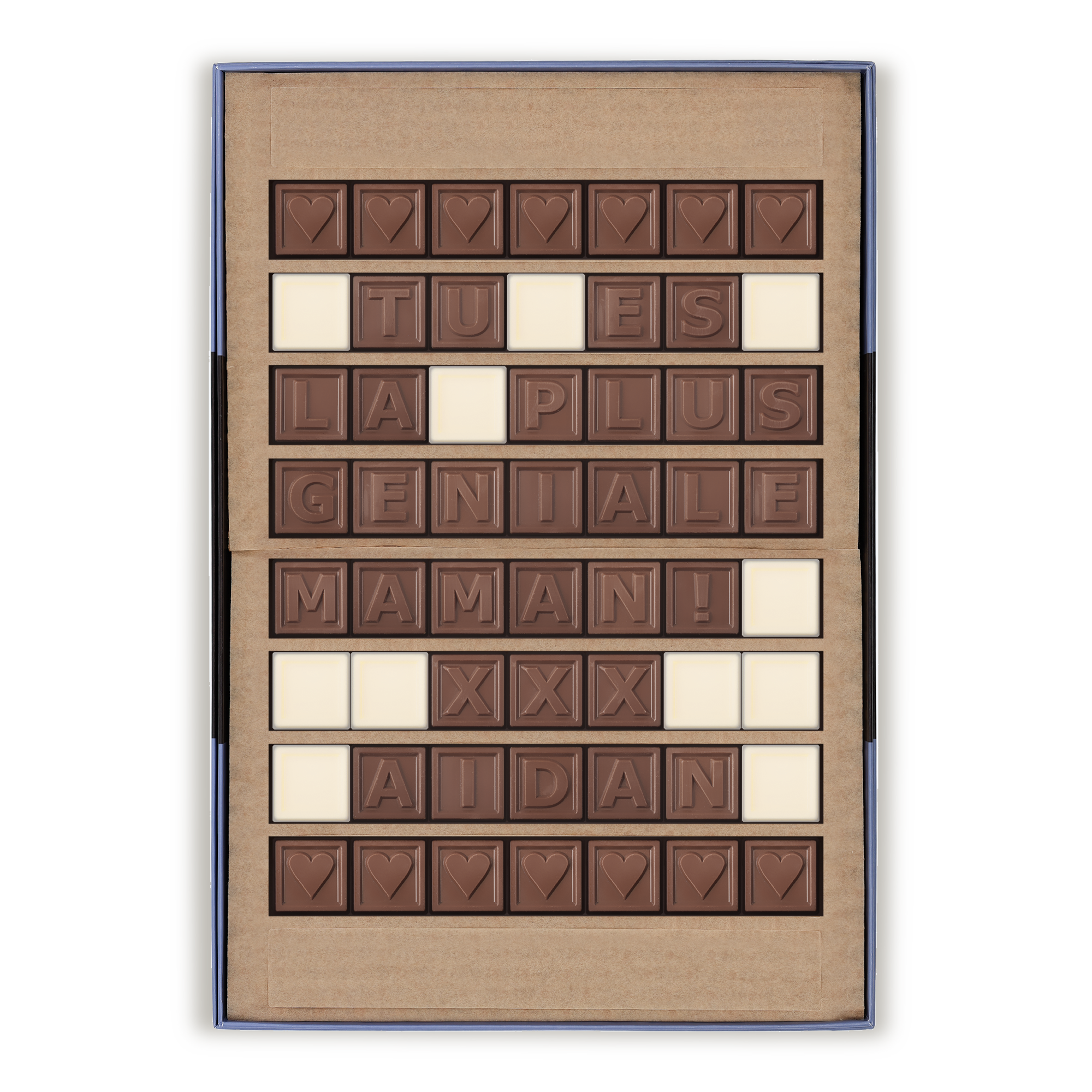 Chocotelegram® personnalisé "TU ES LA PLUS GÉNIALE MAMAN ! XXX AIDAN" en chocolat.