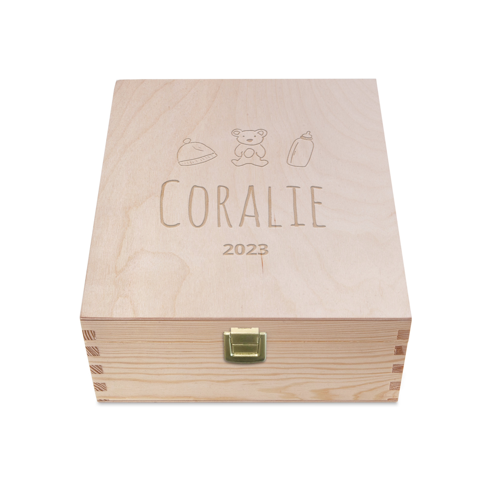 Boîte à souvenirs en bois gravée personnalisée, motif bébé, nom Coralie et date 2023