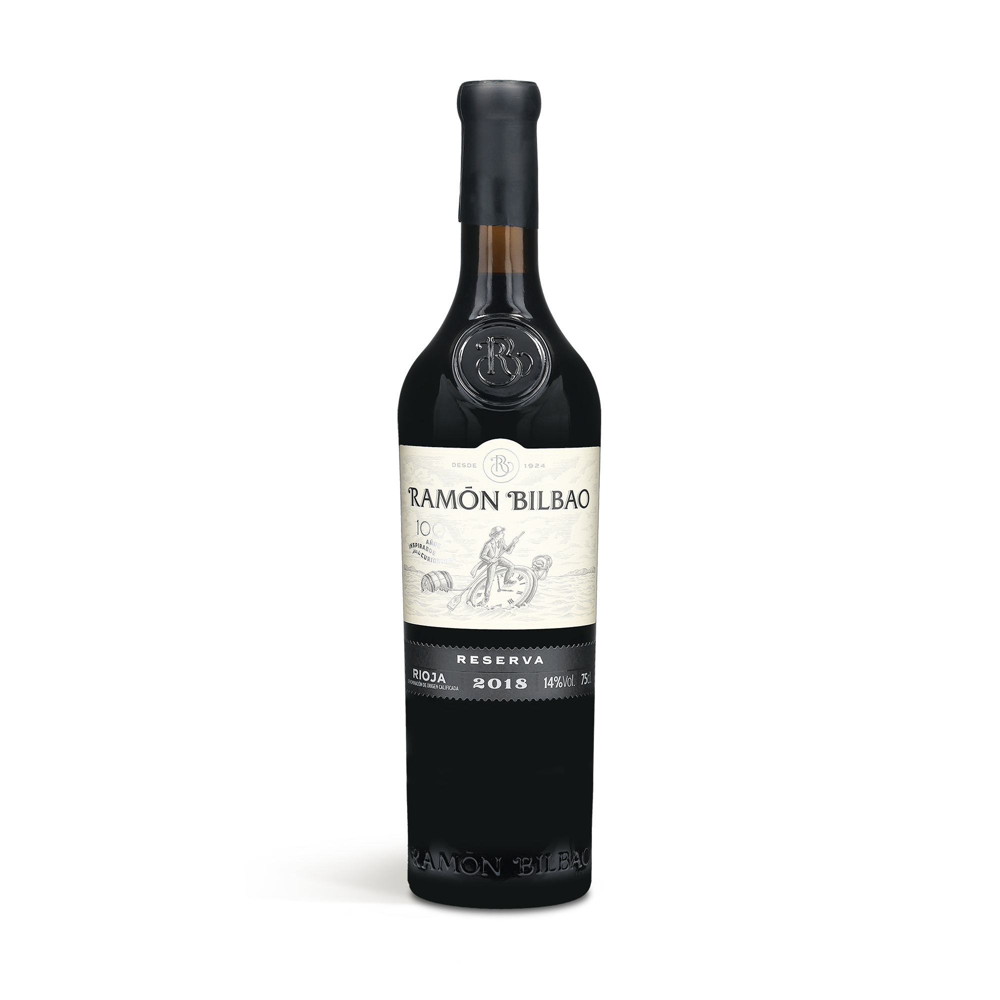 Flaska Ramón Bilbao Reserva 2018 rött vin i en exklusivt graverad trälåda med din personliga text