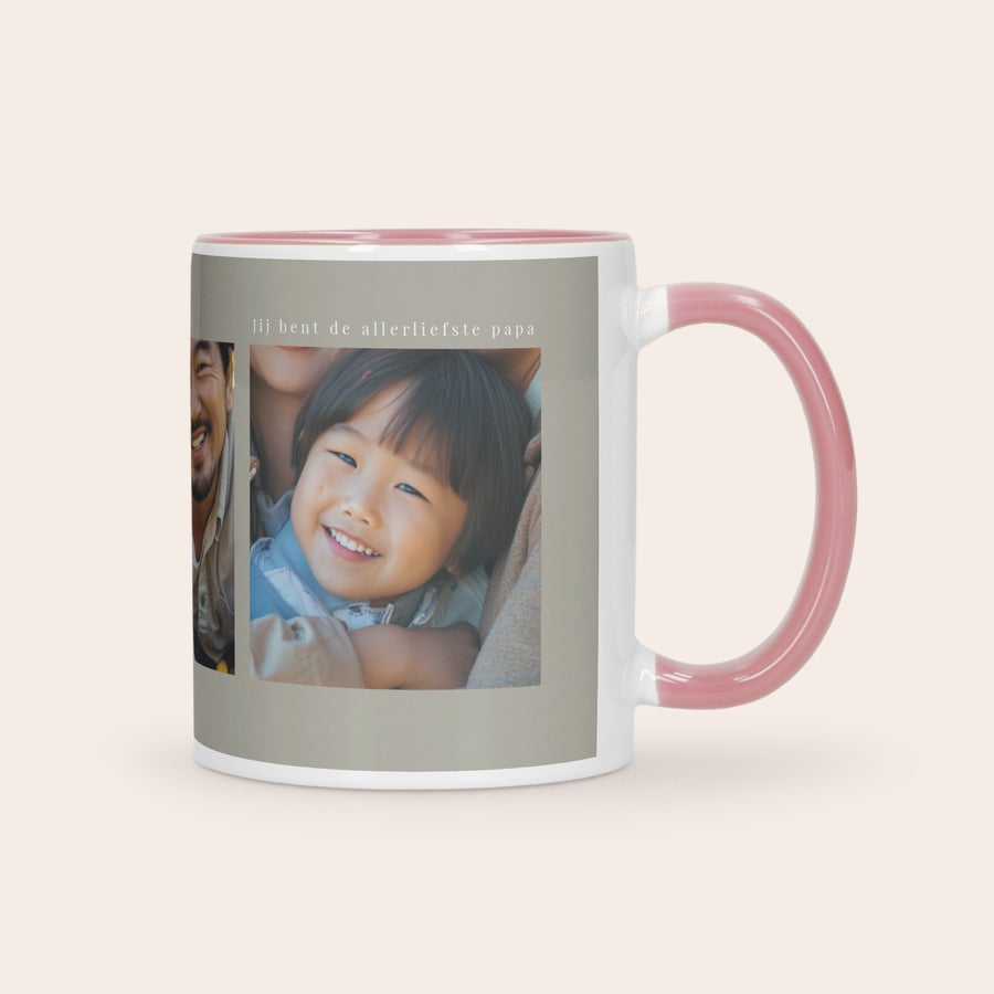 Gekleurde mok bedrukken Witte bedrukte mok met foto van een lachende man en kind, roze oor en de tekst Jij bent de allerliefste papa.
