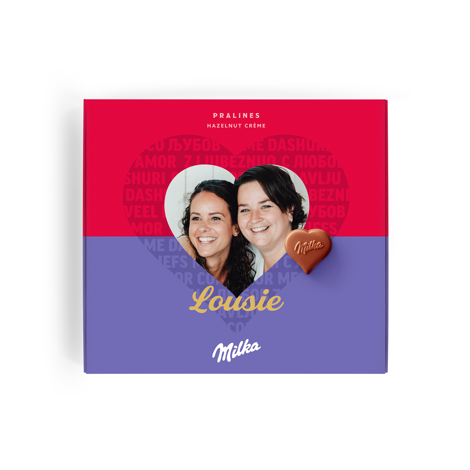 En Say it with Milka chokladask med ett personligt foto, namnet Lousie och en liten Milka-chokladhjärta.